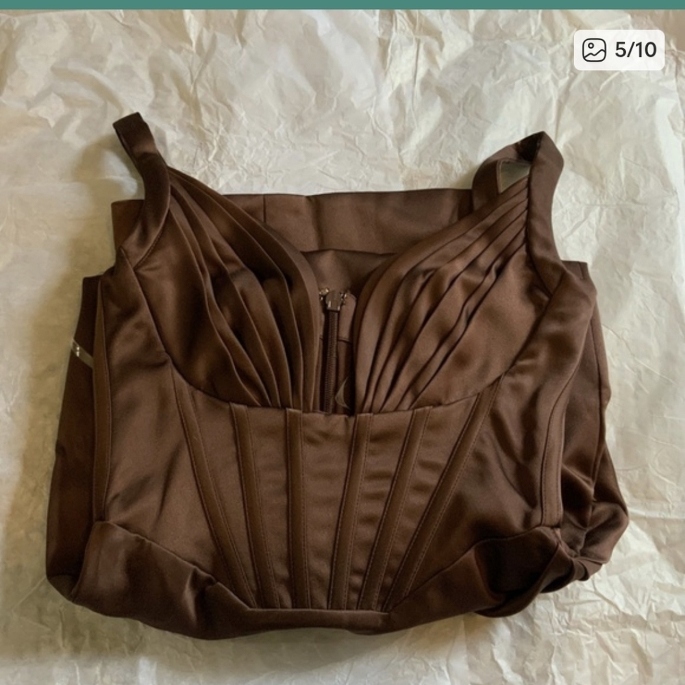 HOUSE OF CB 'Faye' Chocolate Satin Pleated Midi Dress - Picture 4 of 7